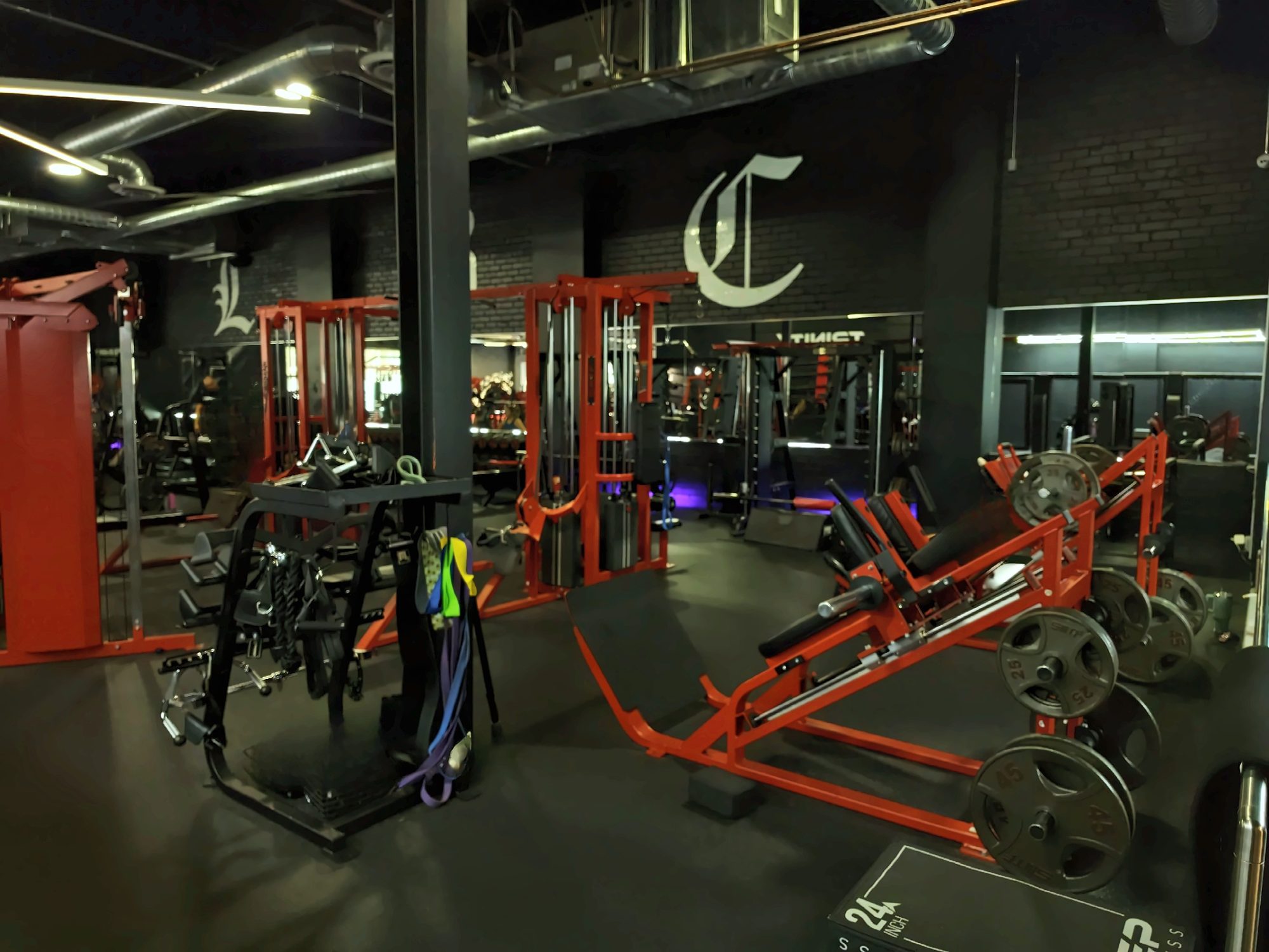Cable stations and a leg press along the back wall